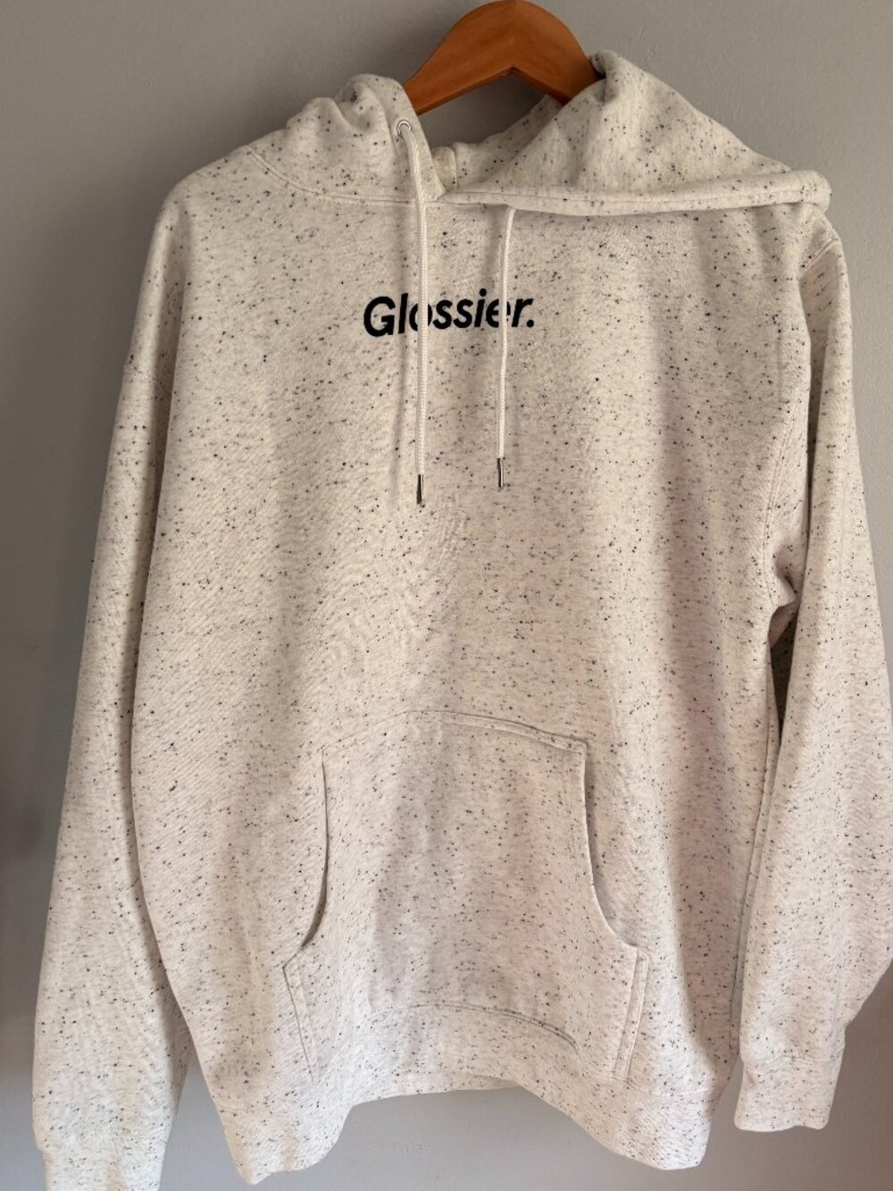 Glossier Speckled Light Grey Hoodie Size M Oversized Pullover Sweatshirt Logo